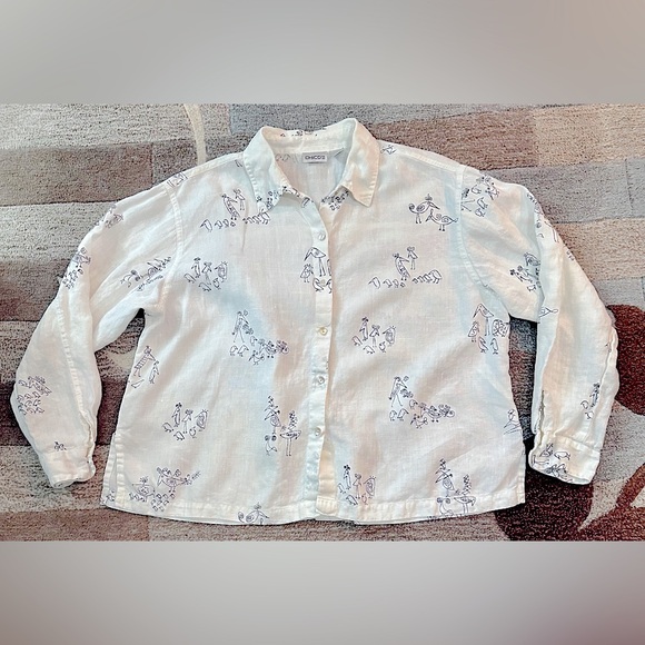 Chico’s Long Sleeve Chicks & Birds Boxy Button Up White Linen Shirt Black Birds - Picture 3 of 7